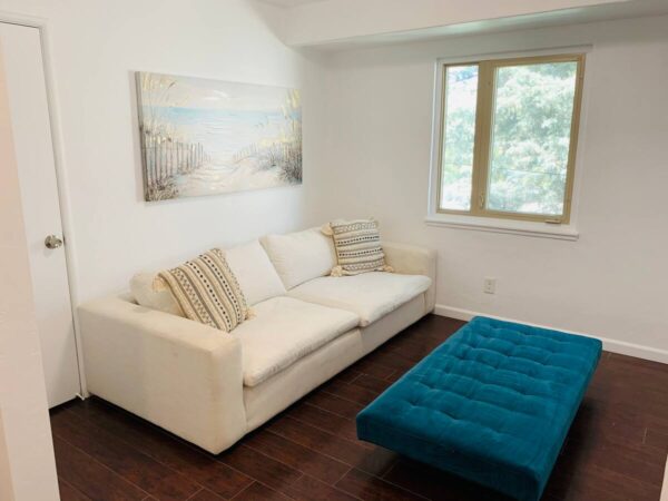 A living room with a couch and ottoman in it