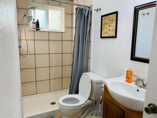 A bathroom with a toilet, sink and shower.