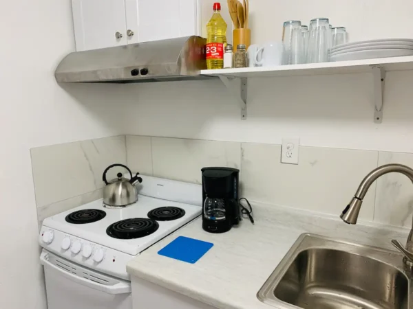 A kitchen with a stove, sink and shelf.