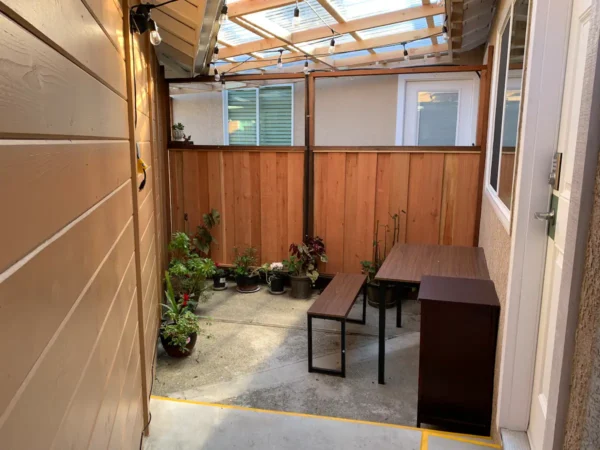 A room with wooden walls and a table