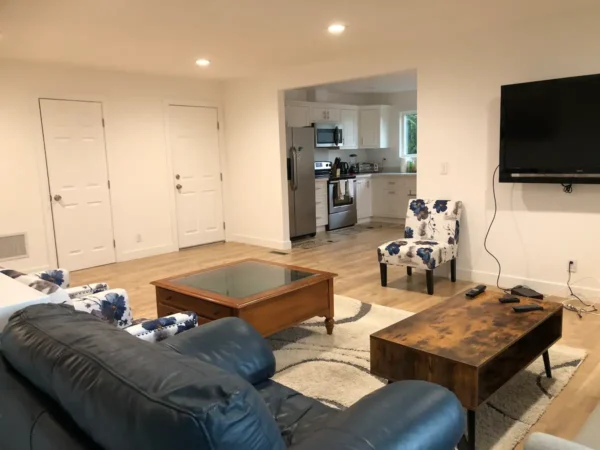 A living room with couches, chairs and a television.