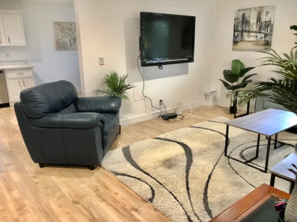 A living room with a couch, chair and television.