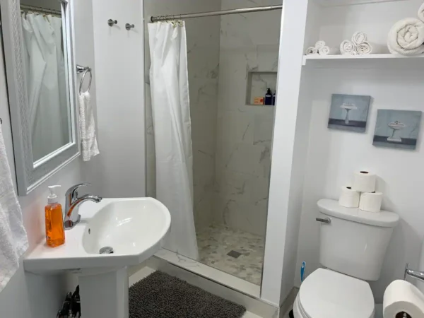 A bathroom with a sink, toilet and shower.