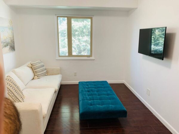 A living room with a couch and television on the wall