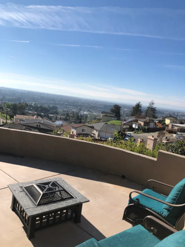 A view of the city from an outdoor patio.