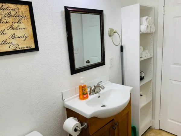 A bathroom with a sink, mirror and toilet.