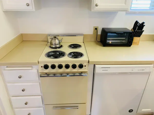 A stove and microwave in a kitchen next to the counter.