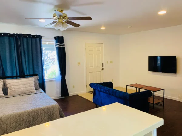 A room with a bed, tv and desk.