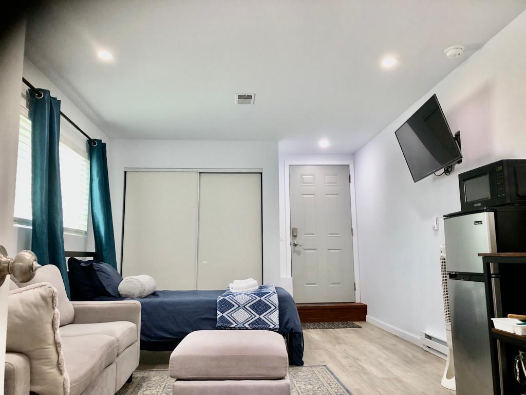 A living room with a couch, chair and television.